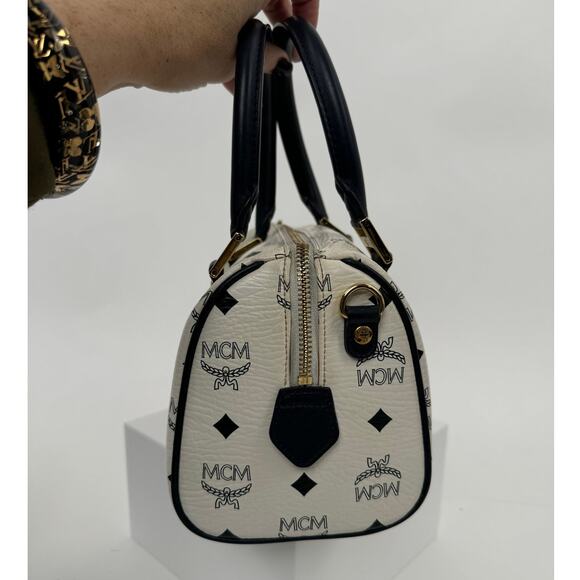 MCM Navy Blue and White Monogram Rare Boston Mini Top Handle Bag - Picture 5 of 6